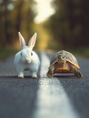 Adorable Rabbit and Tortoise on a Country Road, Symbolizing Friendship and Harmony in Nature, Captivating Animals in a Beautiful Outdoor Setting