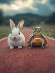 Adorable Rabbit and Colorful Turtle Sitting Side by Side on a Road with Natural Landscape Background Under a Dramatic Sky