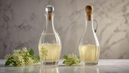 Elderflower wine in a crystal decanter with a subtle shimmer effect , pale, shimmer