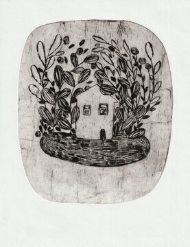 A house with a lot of plants around it, made in dry point technique , milk carton printing