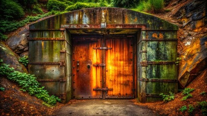 Fototapeta premium A long-exposure reveals a rusty, hermetically sealed iron bunker door, guarding a dark tunnel's secret.