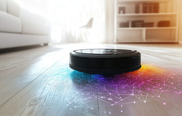 Smart Robotic Vacuum Cleaner with Vibrant Digital Energy Trails