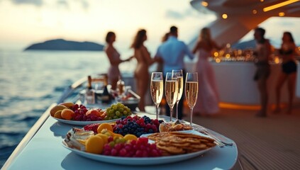Luxury Yacht Party Sunset: Delicious Fruit Platter and Champagne