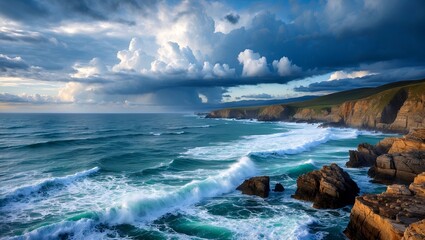 Breathtaking seascape with dramatic clouds and waves