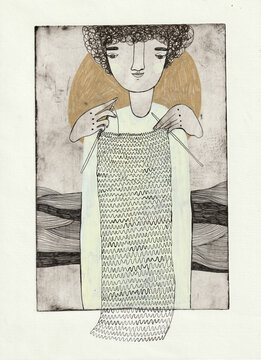 A girl knitting a cardigan for herself with sunshine behind her