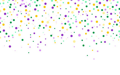 Confetti background vector isolated on white,  colorful circles, dots, falling, purple, green, beads  for Mardi Gras Carnival celebration backdrop,  border, decorations, digital, web & print © Rajan