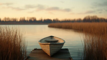 Naklejka premium A serene lakeside view featuring a tranquil boat docked at dusk, surrounded by tall grasses and gentle water reflections.