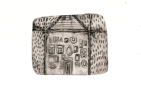 A house with many windows, made in dry point technique , milk carton printing