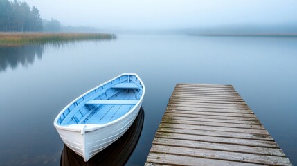 Obraz premium A serene morning view of a wooden dock and a solitary boat amidst a tranquil, fog-covered lake scene.