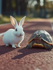 Adorable White Rabbit and a Tortoise on a Track at Golden Hour, Captivating Nature Scene Showcasing Different Animals and Their Unique Traits