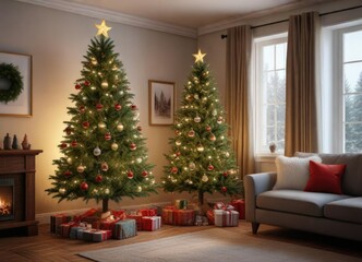 Evergreen Christmas tree with ornaments and lights in a cozy living room, joyful, decorative, illumination