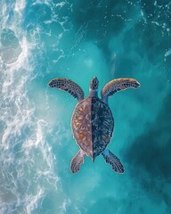 Obraz premium Aerial View of a Majestic Sea Turtle Swimming Gracefully in Clear Blue Ocean Water Reflecting Sunlight and Surrounded by Gentle Waves
