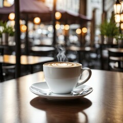 Steamy latte art coffee in a white cup on a wooden table in a serene cafe, AI generated