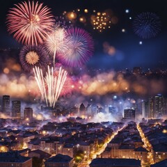 Naklejka premium Fireworks illuminating a cityscape at night with buildings and street lights, AI generated