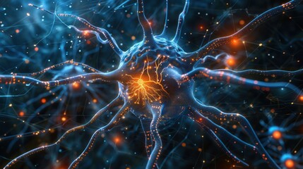 Obraz premium Intricate close-up of a neuron with glowing connections in a vibrant digital landscape