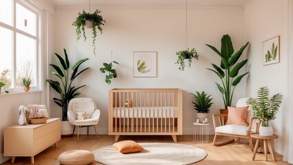 Bright minimalistic nursery with natural light and plants