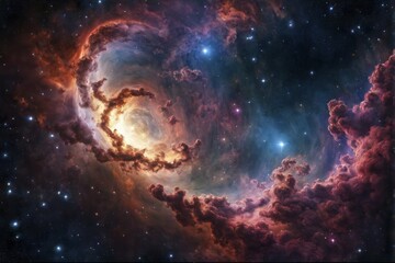 Fototapeta premium A swirling nebula with bright and dark clouds of red and blue, dotted with stars, AI generated