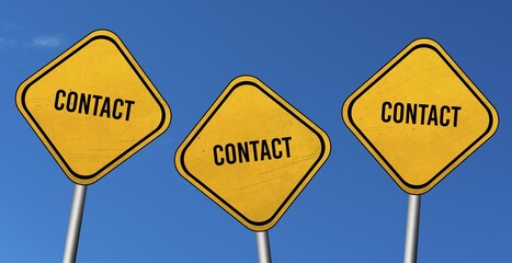 Contact, yellow signs with blue sky
