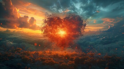 Fiery Heart Tree at Sunset Above a Sea of Clouds A Dreamlike Landscape