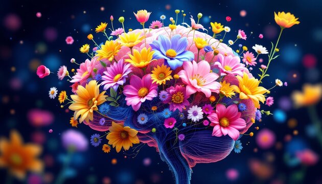 Vibrant Flowers Enveloping a 3D Brain, Representing Creativity