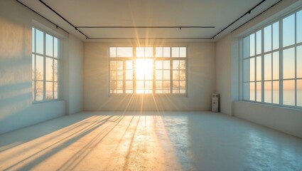 Fototapeta premium Bright sunlight floods minimalist empty room through windows