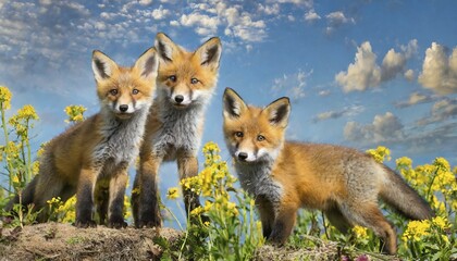 Fototapeta premium AI generated, animal, animals, mammal, mammals, biotope, habitat, three, red foxes (Vulpes vulpes)