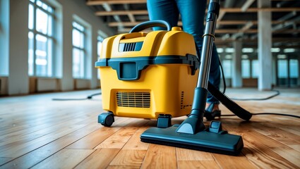 Fototapeta premium Bright yellow vacuum cleaner in newly renovated office