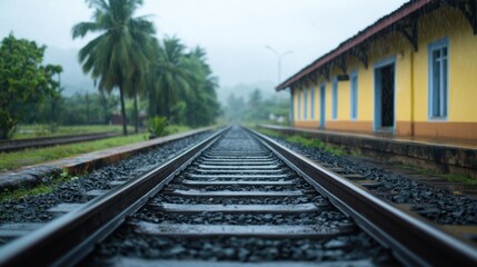 A tranquil railway scene capturing the tracks stretching into the fog, framed by lush green palms and a rustic train station.