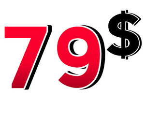 Bold red number 79$ with a black dollar sign in a 3D style, featuring white and black outlines, creating a shadow effect on a transparent background.