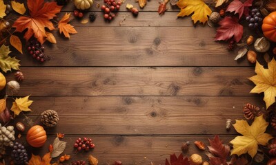 Flat lay of autumnal elements on a wooden table, , leafy greens