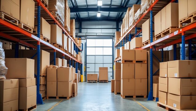 Cardboard boxes organized in industrial warehouse space