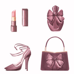 Perfume bottles and lipstick, shoes and handbag. Set of women's beauty accessories. Hand drawn watercolor illustration isolated. Stylish luxury cosmetic. Clipart for girly design, Valentine, postcard.