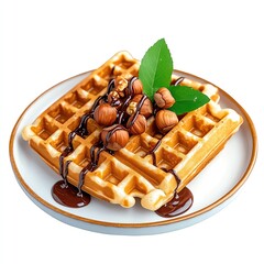 Crispy waffle with chocolate sauce drizzled over, paired with hazelnuts, clip art watercolor illustration isolated on white background