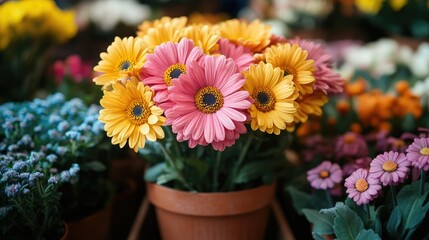 Fototapeta premium Bright and colorful flowers arranged in a pot at a local market during daytime display nature's beauty and freshness in springtime