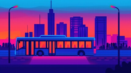 A vibrant bus in a cityscape during sunset, showcasing modern urban life and public transportation in action.