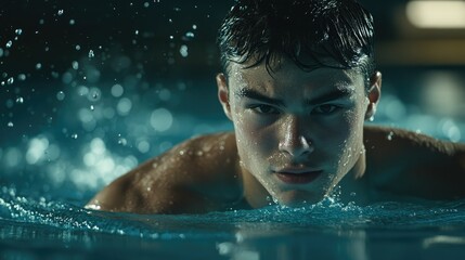 Young swimmer demonstrating focus and determination in an indoor pool during an evening training session