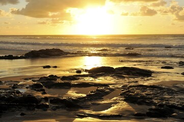 Sunset and clouded sky reflected in the Atlantic Ocean, Fuerteventura, Canary Islands, Spain, Europe