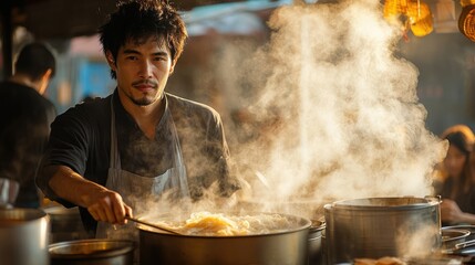 Chef prepares flavorful noodles in a busy market during evening hours