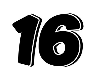Stylized black number 16 on transparent background, with a bold, 3D appearance and shadow effects for added depth and dimension.
