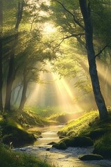 Obraz premium Sunlight streams through a lush green forest, illuminating a tranquil stream and creating a serene natural atmosphere.