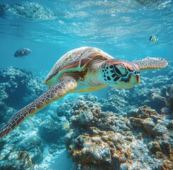 Obraz premium Beautiful Sea Turtle Swimming Gracefully in Clear Blue Ocean Water Among Coral Reefs with Colorful Fish in a Vibrant Marine Environment