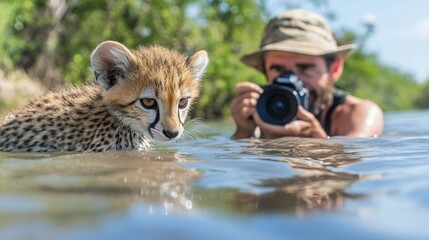 Photographer captures a moment with a playful cheetah cub in a serene water setting