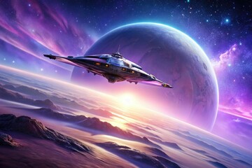 Futuristic spaceship hovering above a distant planet with a glowing purple sky, rocket ship, sci-fi