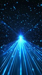 Digital Pathways, Glowing Blue Light Beams Converging in Center, Speed Lines, Vector Illustration