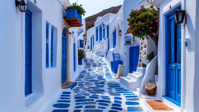 Fototapeta Charming blue and white streets of mykonos