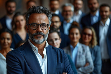 Obraz premium Image of a Confident Business Leader Surrounded by Diverse Professionals, Conveying Leadership and Authority for Global Opportunities