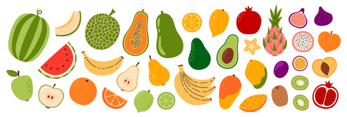 Set of different fruits and berries. Collection of organic vitamins and healthy nutrition. Banana, pineapple, mango, pomegranate, kiwi, melon, peach, watermelon. Flat Vector illustration