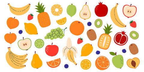 Set of different fruits and berries. Collection of organic vitamins and healthy nutrition. Banana, pineapple, mango, pomegranate, kiwi, melon, peach, watermelon. Flat Vector illustration