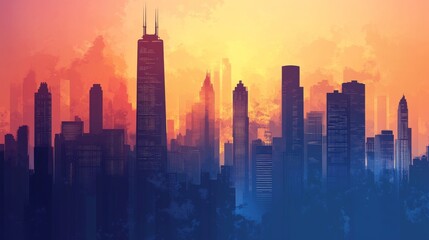 Fototapeta premium Captivating urban skyline silhouette against a stunning sunset backdrop. The vibrant colors merge beautifully with the clouds, creating a serene atmosphere.