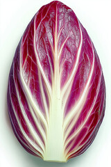 Fototapeta premium Close-up of radicchio cut in half on white background, radicchio displaying bold purple and white veins, radicchio showcasing crisp texture, radicchio perfect for salads and dishes